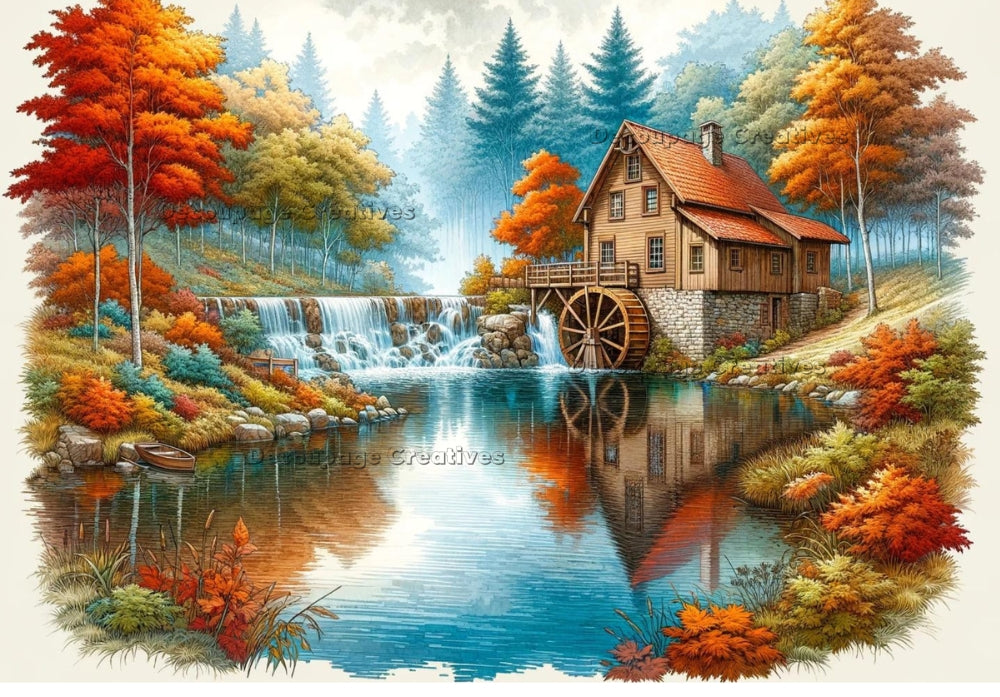 Forest mill in fall next to a waterfall and pond  Decoupage Rice Paper from Decoupage Creatives