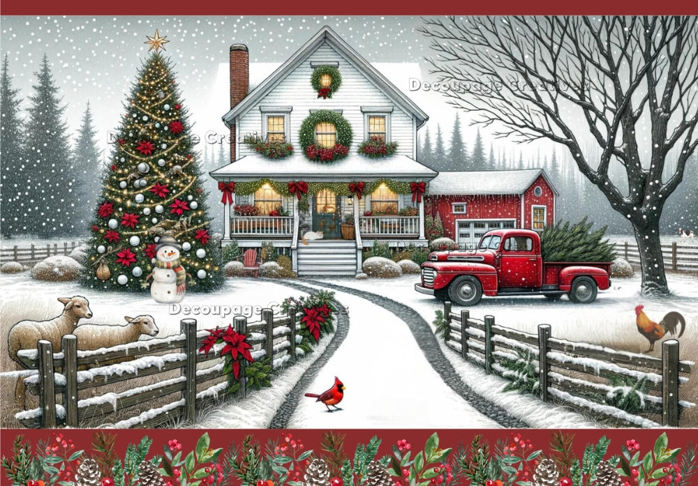 Christmas decorated country house in snow with red truck and anminals Decoupage Rice Paper from Decoupage Creatives