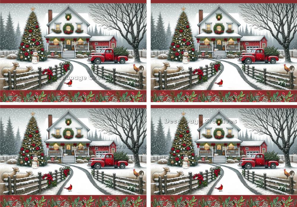 Christmas decorated country house in snow with red truck and animals Decoupage Rice Paper from Decoupage Creatives