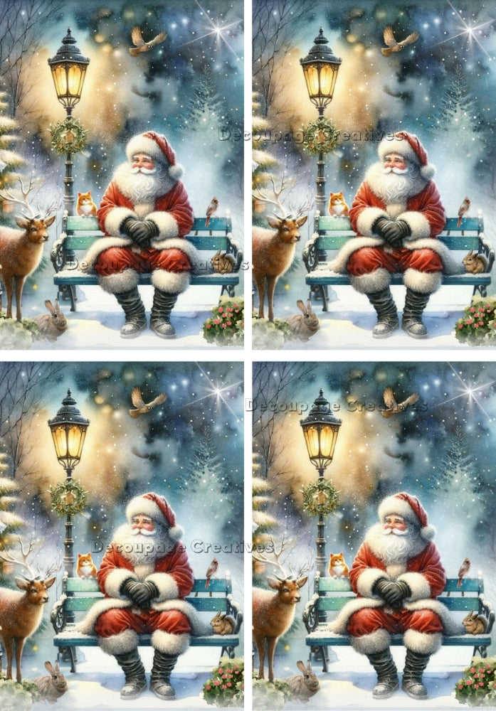 santa on a bench next to street lamp with forest animals Decoupage Rice Paper from Decoupage Creatives