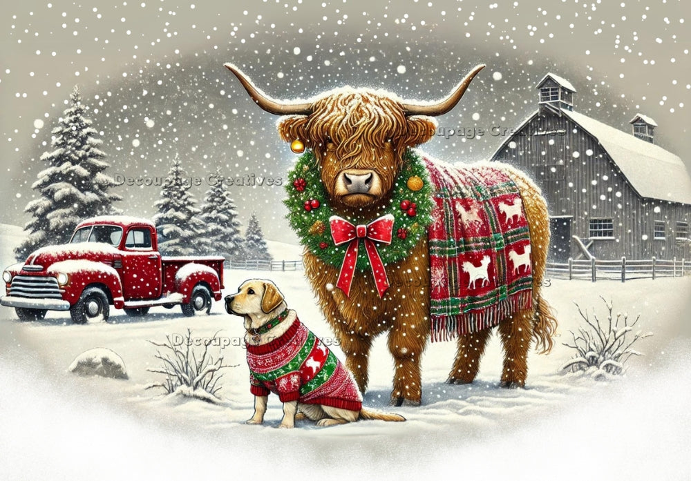 hightland  cow in christmas wreath and blanket with yellow dog in christmas sweater in snow with red truck and barn Decoupage Rice Paper from Decoupage Creatives