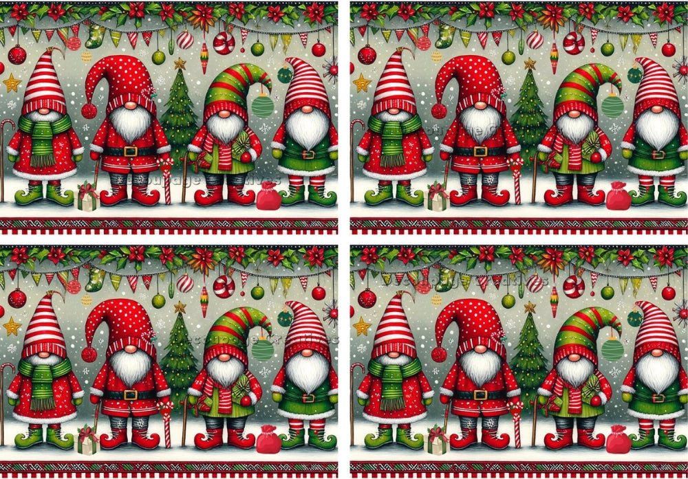 christmas gnomes in christmas gear in snow with ornaments and poinsettia garland  Decoupage Rice Paper from Decoupage Creatives