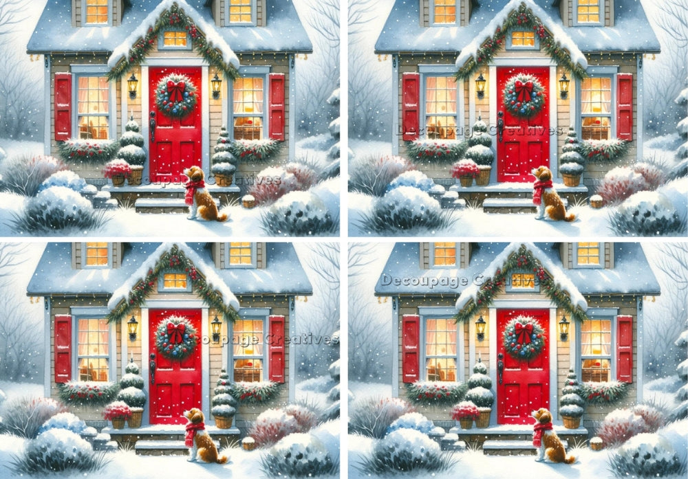 county house with red doors in snow with dog outside in red scarf Decoupage Rice Paper from Decoupage Creatives