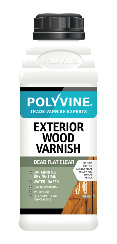Polyvine exterior wood varnish bottle on a white background
