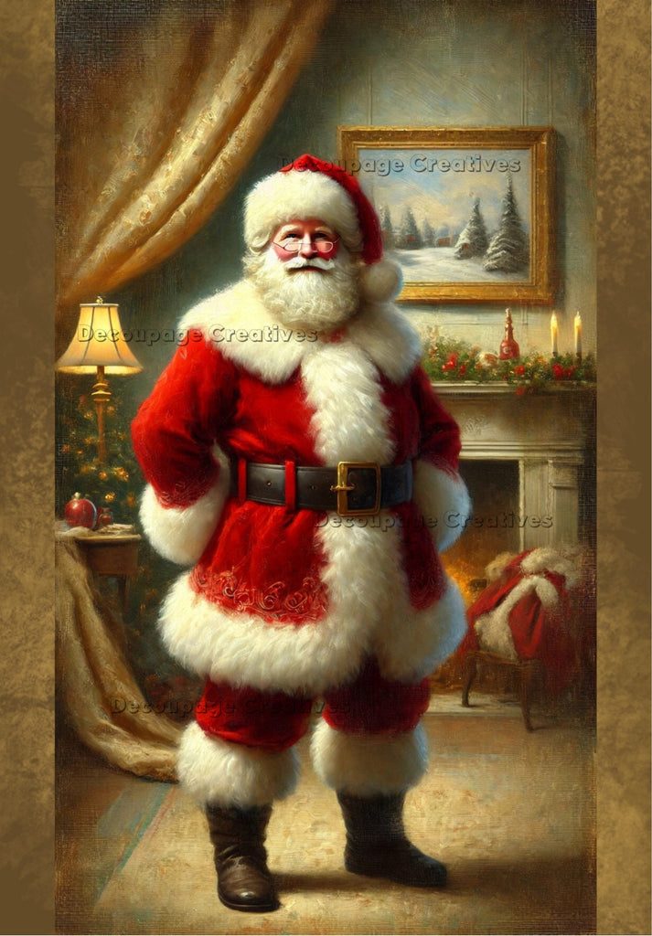 portrait of Santa by fireplace with hands behind his back decoupage rice papers from decoupage creatives