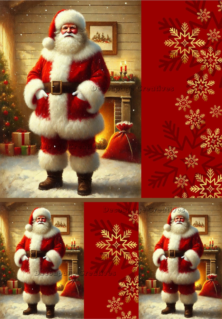 Portrait of Santa by the fireplace with his bag of toys decoupage rice papers from decoupage creatives