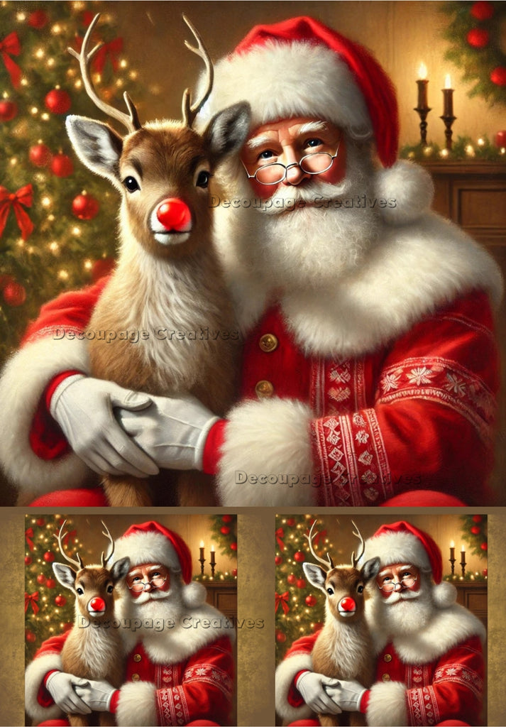 Portrait of santa in red with rudolph the rednosed reindeer decoupage rice papers from decoupage creatives