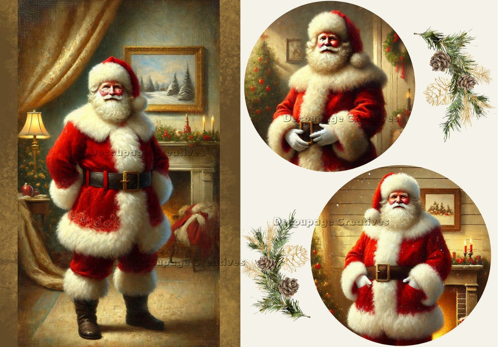 portrait of Santa in a red suit by the fireplace decoupage rice papers from decoupage creatives 