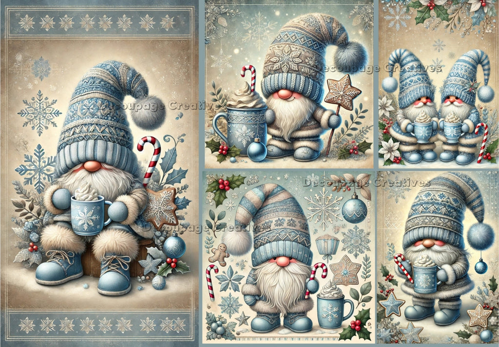 blue christmas gnome with hot chocolate and candy cane decoupage rice papers from decoupage creatives