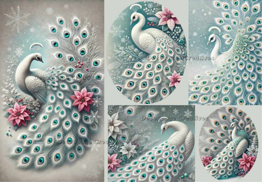 white and green peacock with full plumage with pink poinsettia flowers decoupage rice papers from decoupage creatives