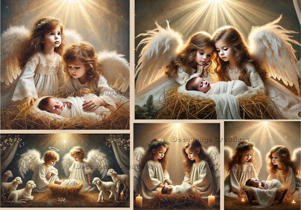 two young girl angels dressed in white with white wings looking over the baby Jesus in the manager decoupage rice papers from decoupage creatives