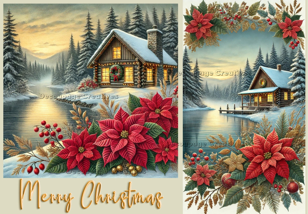 mountain log cabin in the snow by a stream with holly and red poinsettia decoupage rice papers from decoupage creatives