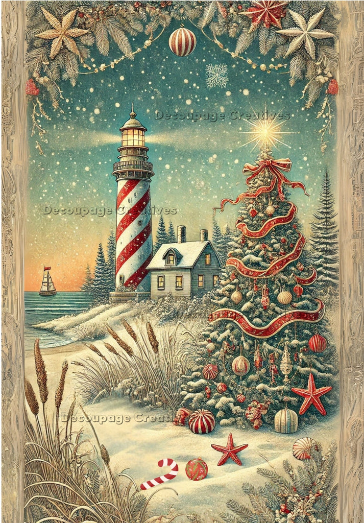 christmas beach scene with candy cane striped lighthouse, christmas tree and  red starfish and shell ornaments decoupage rice papers from decoupage creatives