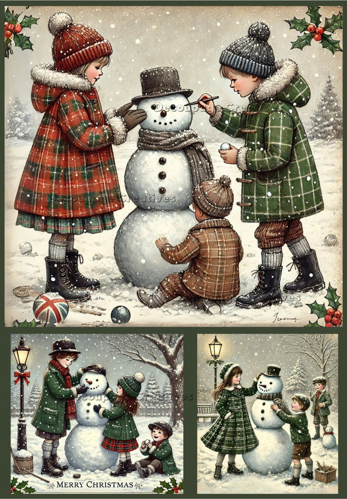 children dressed in green and red plaid winter coats making a snowman with black hat and scarf decoupage rice papers from decoupage creatives
