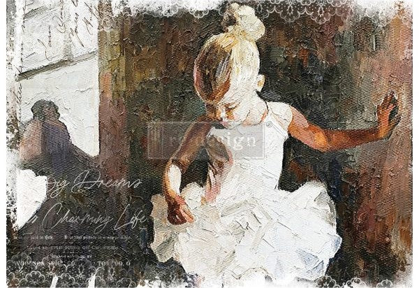 Young child in white ballerina outfit. A1 Decoupage rice paper by ReDesign with Prima.