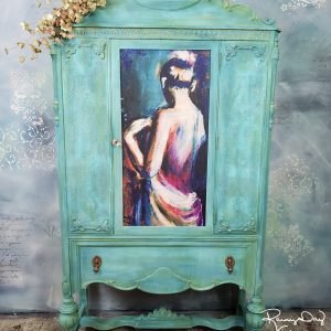 Lady from back with draped white cloth. A1 Decoupage rice paper by ReDesign with Prima.