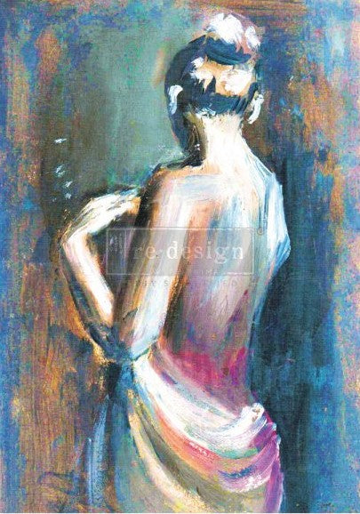 Lady from back with draped white cloth. A1 Decoupage rice paper by ReDesign with Prima.