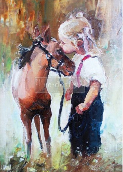 Young blonde girl kissing horse. A1 Decoupage rice paper by ReDesign with Prima.