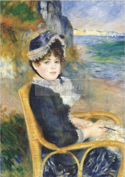 Vintage lady in wicker chair by seaside. A1 Decoupage rice paper by ReDesign with Prima.