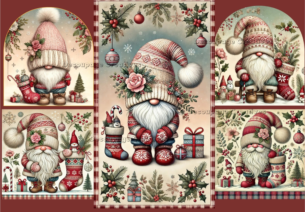 Red christmas gnome with christmas stocking sna presents decoupage rice papers from decoupage creatives