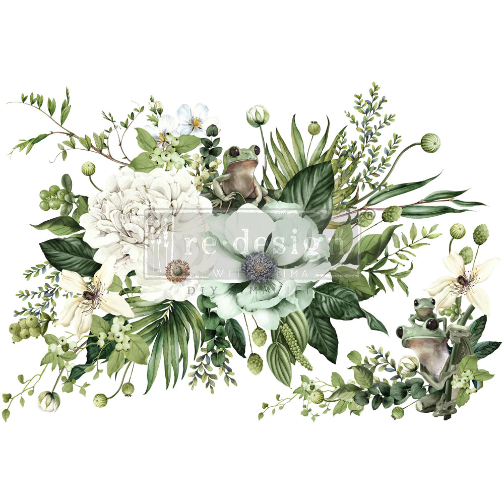 White and green floral rub on transfer by ReDesign with Prima. Small green frogs on flowers.