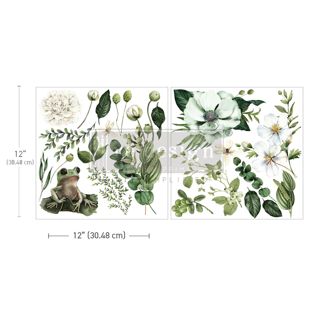 White and green floral rub on transfer by ReDesign with Prima. Small green frogs on flowers.