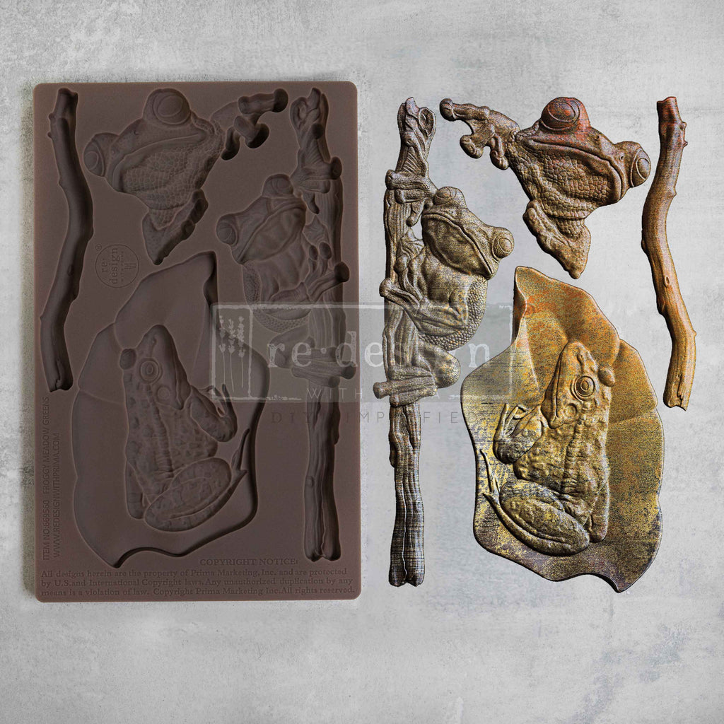 Brown silicone mold featuring frogs and sticks with castings from ReDesign with Prima