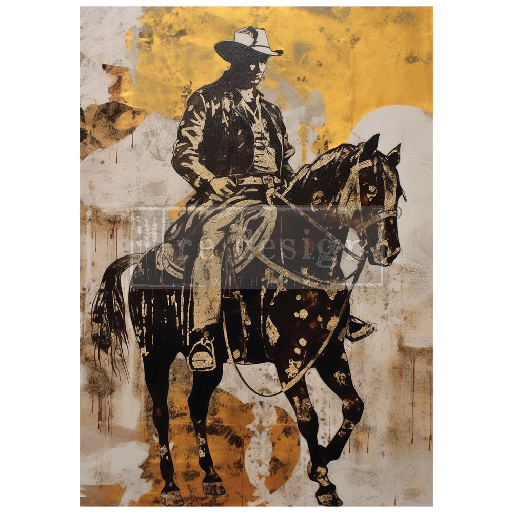 Image of monochrome cowboy on horse. ReDesign with Prima's A1 size Tear Resistant Decoupage Paper combines fabric-like durability with exceptional flexibility.