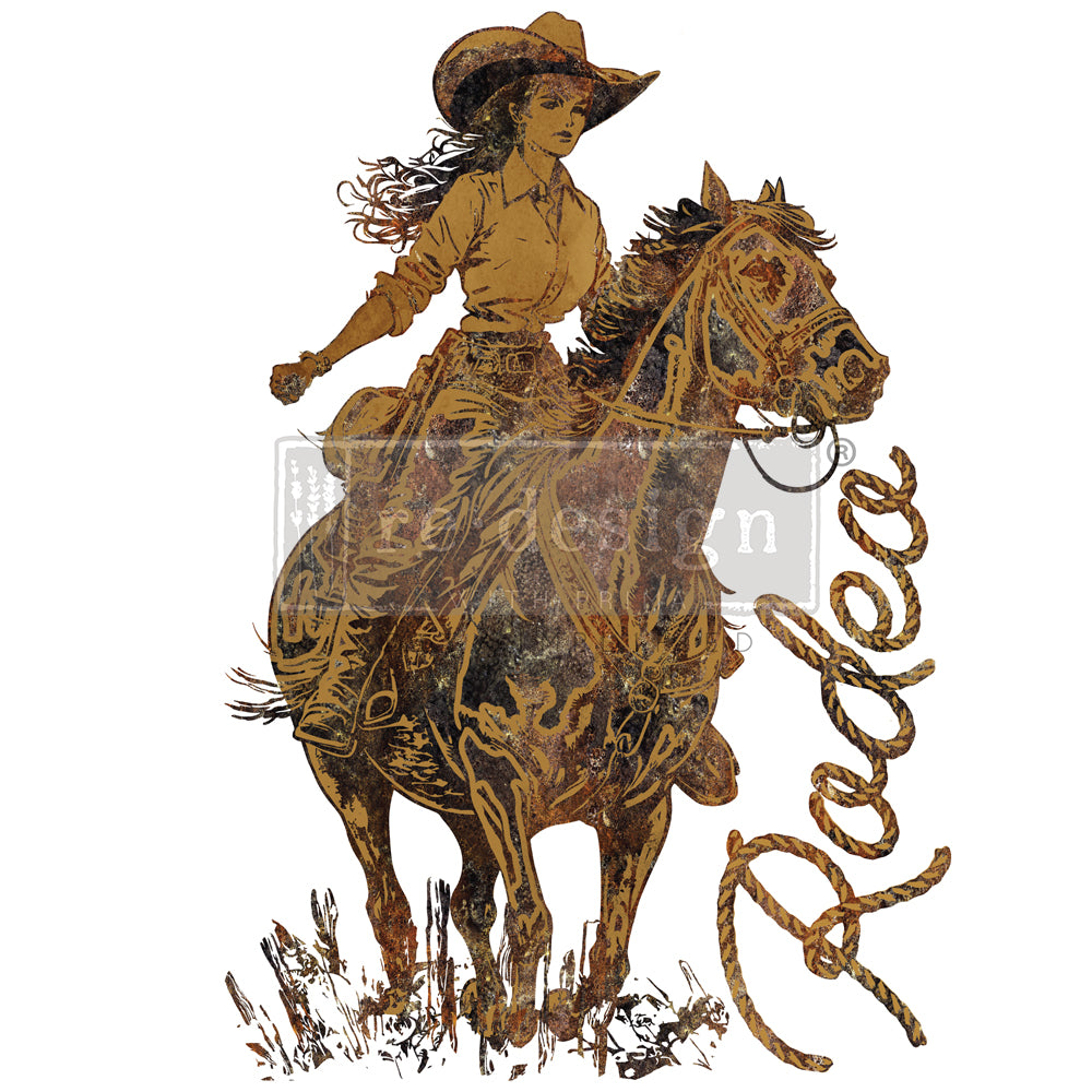 Galloping Grace ReDesign with Prima Rub On Furniture Transfer. Female rider on horse with word Rodeo.