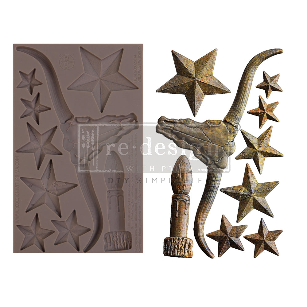 ReDesign with Prima - Decor Mold 5x8 Pattern: Wild West Whispers. Heat resistant and food safe. Bull and Stars. Cowboy themed.