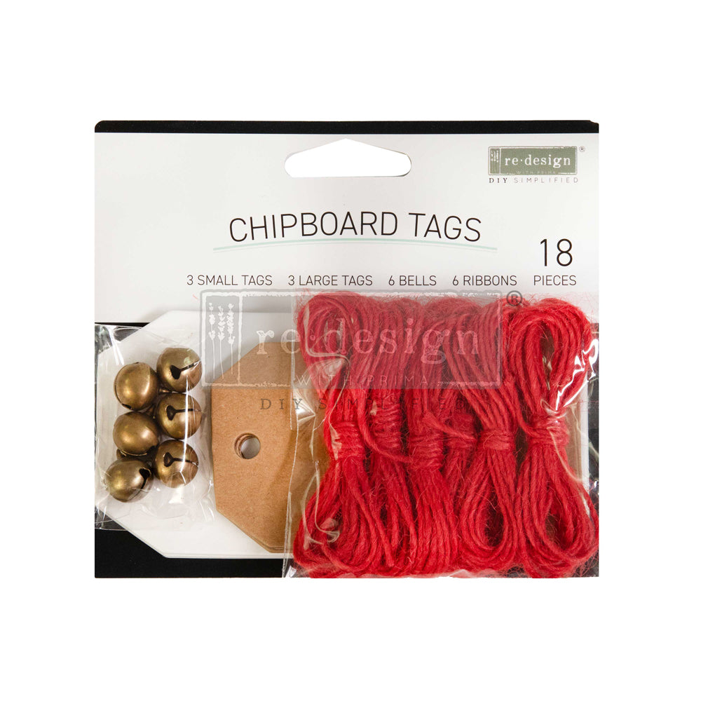 Redesign Christmas chipboard. This set includes six tags (3 tags sized 2.3″x4.75″ + 3 tags sized 2”x3.5″) + six gold bells + red twine.