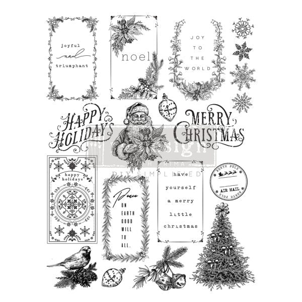 Holiday clear stamp set with santa, trees, cardinals and Christmas salutations from ReDesign with Prima