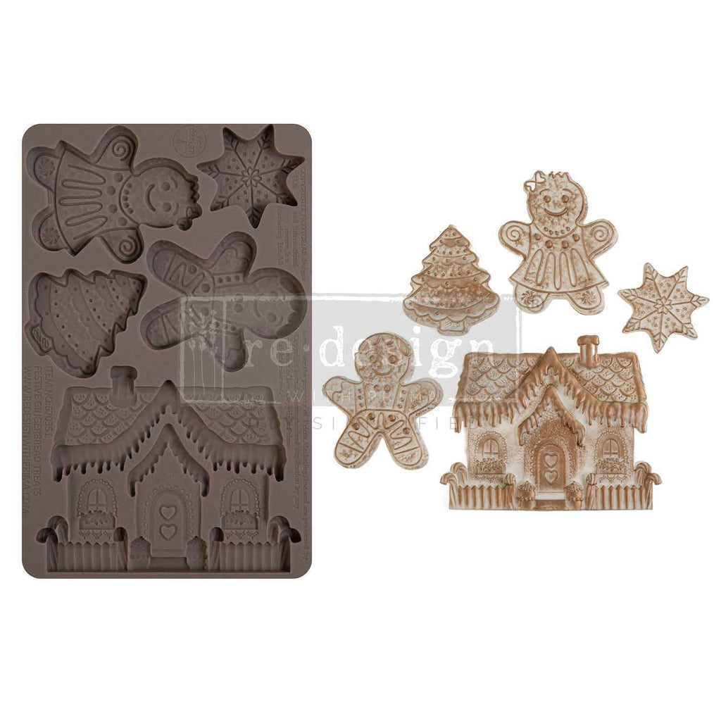 Redesign with Prima Festive Gingerbread Treats mold with 5 figures; star tree gingerbread dolls and house.