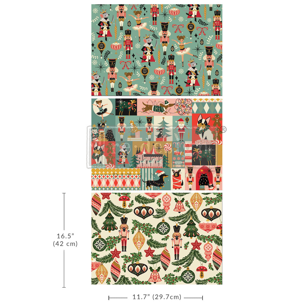 Redesign with Prima three A3 sheets of Christmas Nutcracker themed green and red papers.