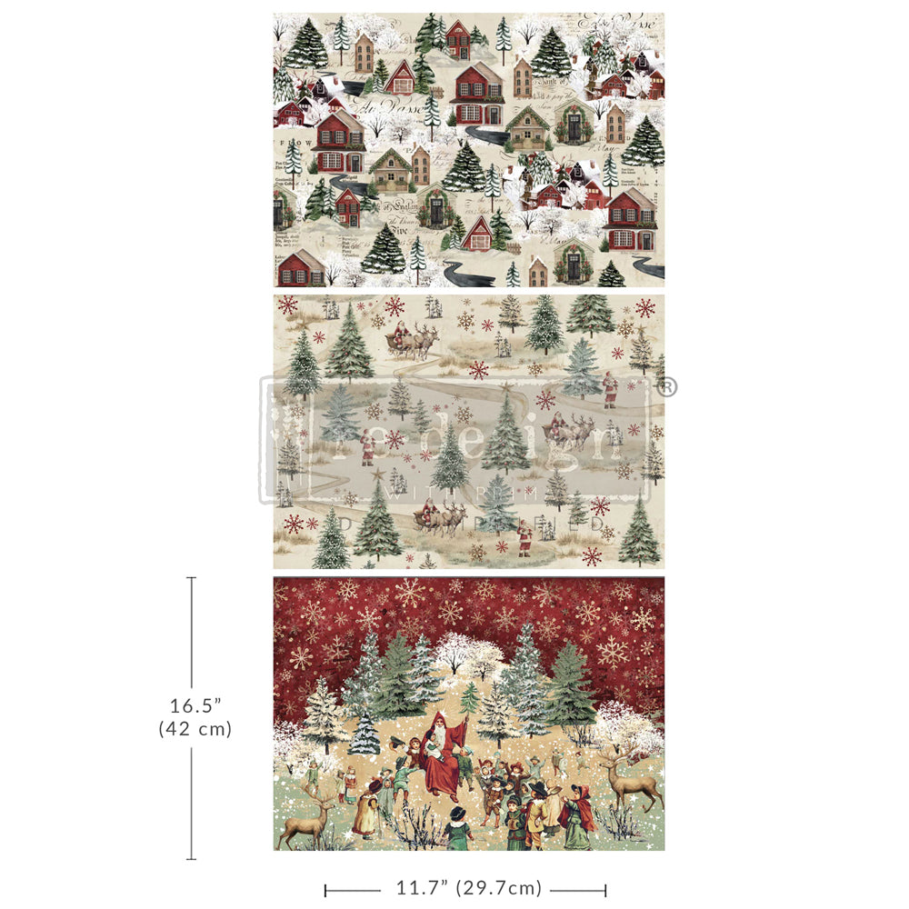 Redesign with Prima 3 set A3 Fiber paper with green Christmas tree theme and scenes of deer and vintage Santa and children.