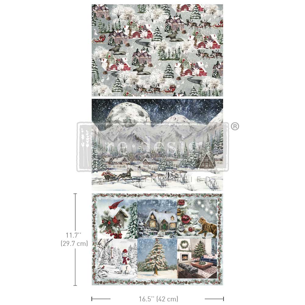 3 sheets of Christmas decoupage fiber pack snowy winter scenes