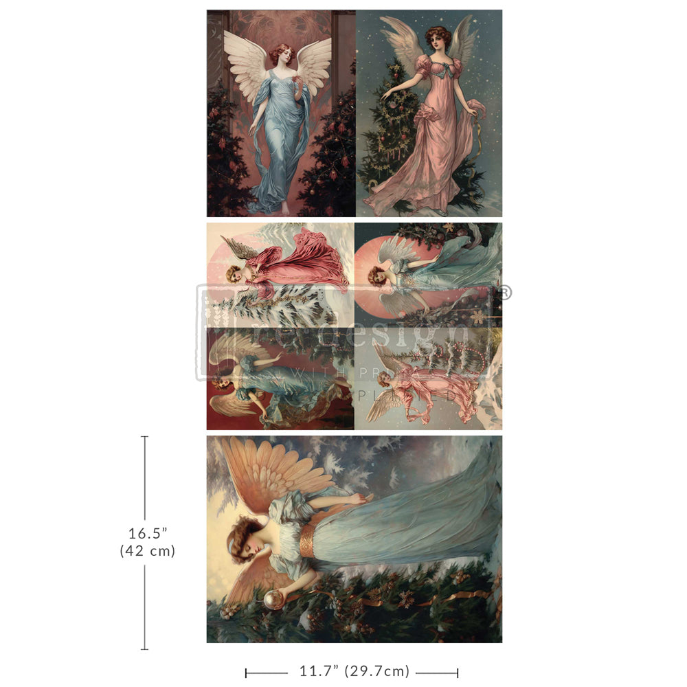 Redesign with Prima 3 sheets of Fiber paper for Decoupage featuring 7 scenes of Angels in pink or blue.