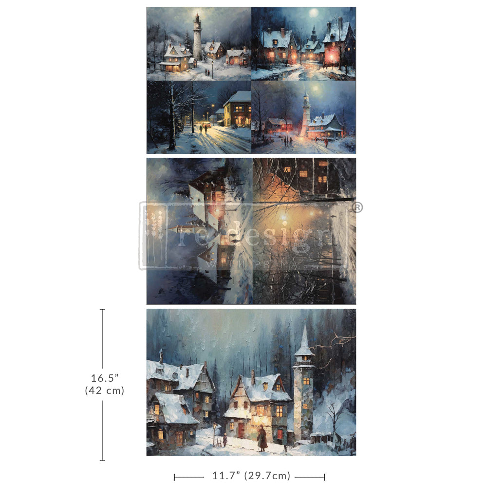 Redesign with Prima A3 tissue paper 3 pack with night time scenes of snowy village.