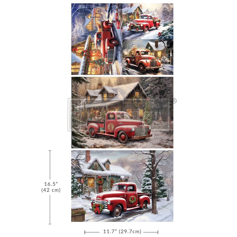 Retro themed vintage red truck and house in winter scene with snow. Decor fiber paper by Redesign with Prima.