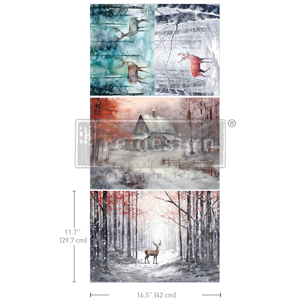 3 sheets of Christmas decoupage fiber pack snowy forest cabin and stags