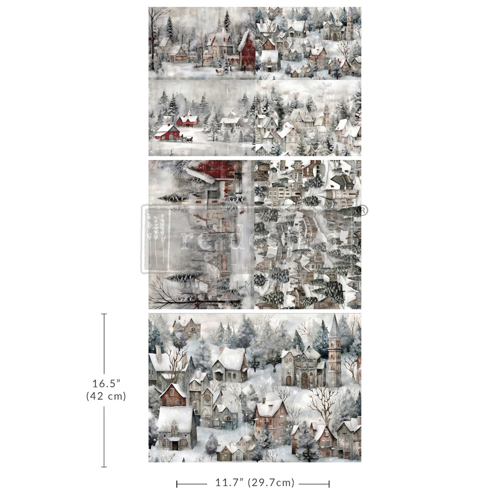 Vintage snowy village at Christmas time. Decor fiber paper by Redesign with Prima.