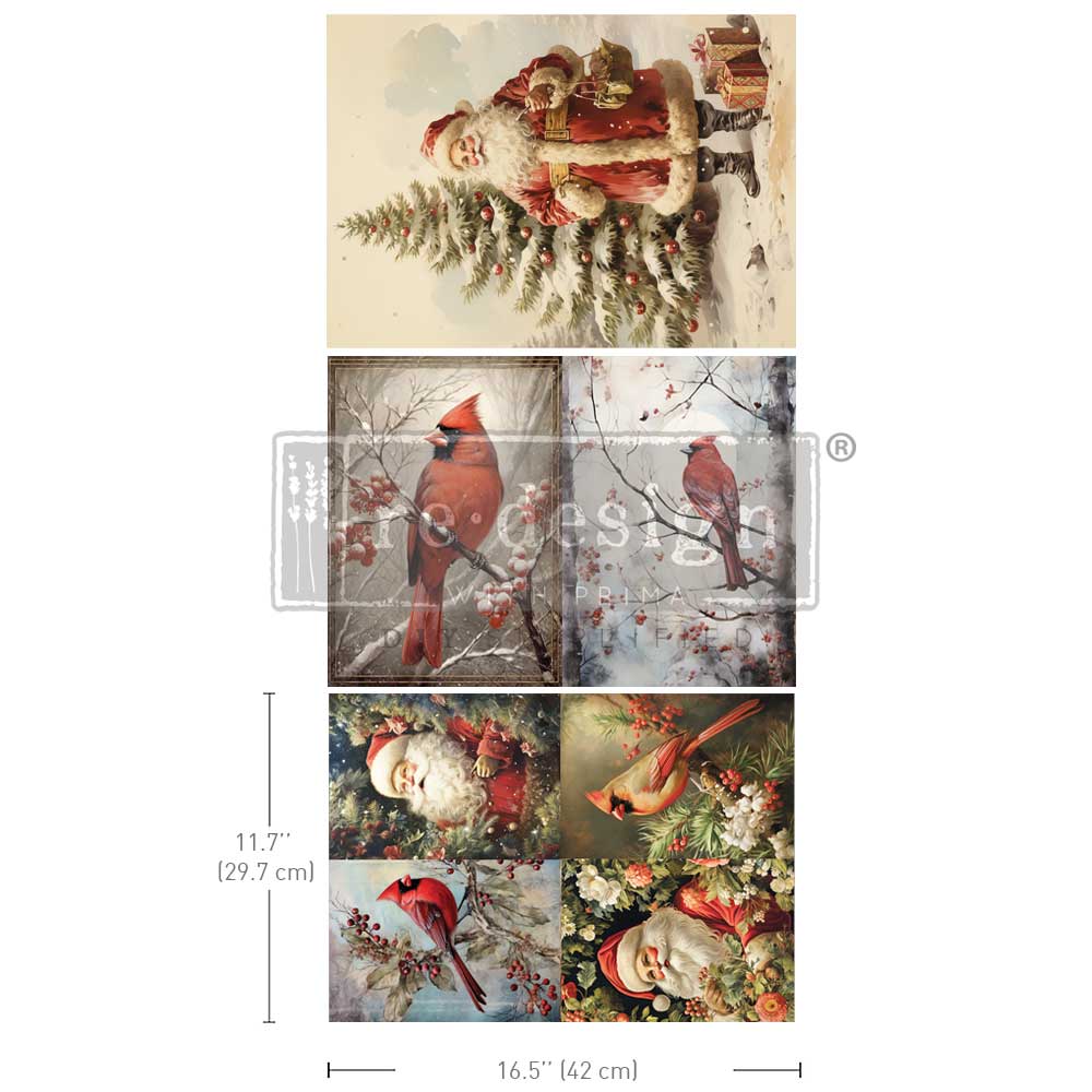 3 sheets of Christmas decoupage fiber pack festive greenery Cardinals and Santas