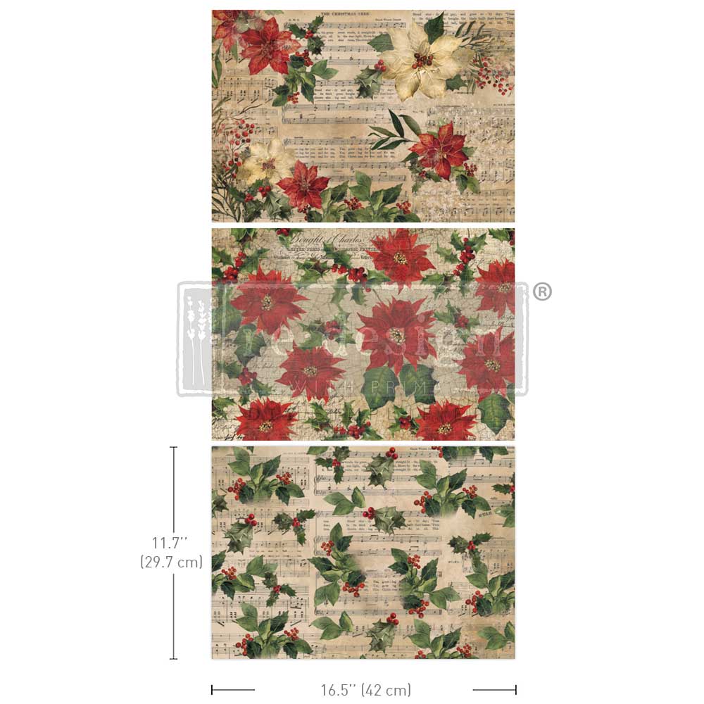 3 sheets of Christmas decoupage fiber pack Poinsettias Holly and sheet music