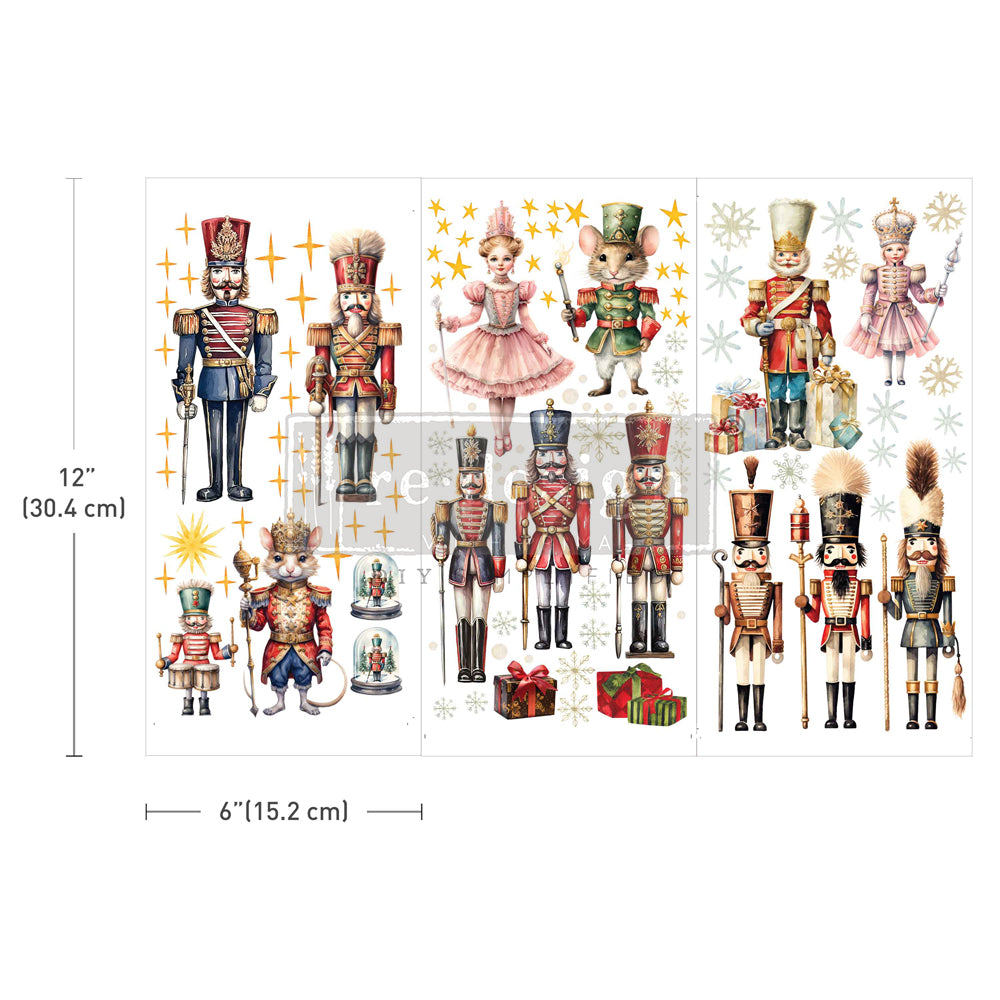 “Nutcracker Christmas” Decor Transfer®. This set features three different, 6”x12” sheets, with beautifully detailed images of the Nutcracker, the Sugar Plum Fairy, the Mouse King, the Rat King.