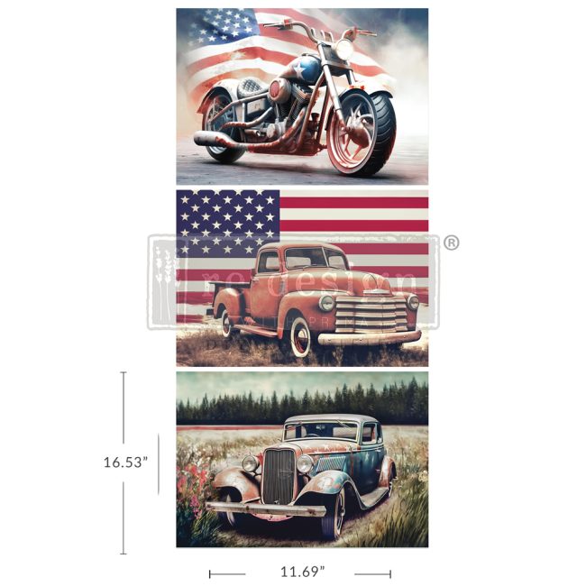 All American (size A3) Set ReDesign with Prima Decoupage Tissue Paper set of 3 designs. Vintage red truck, car and motorcycle with American flags.