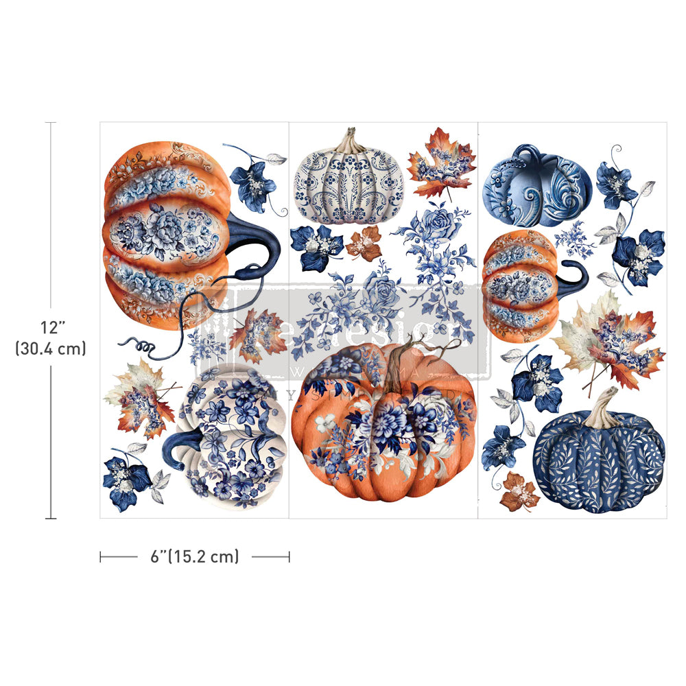 Rub on transfer with fall designs centered around pumpkins and leaves in varying colors and sizes. From traditional orange pumpkins to blue and white ones adorned with gorgeous blue floral prints