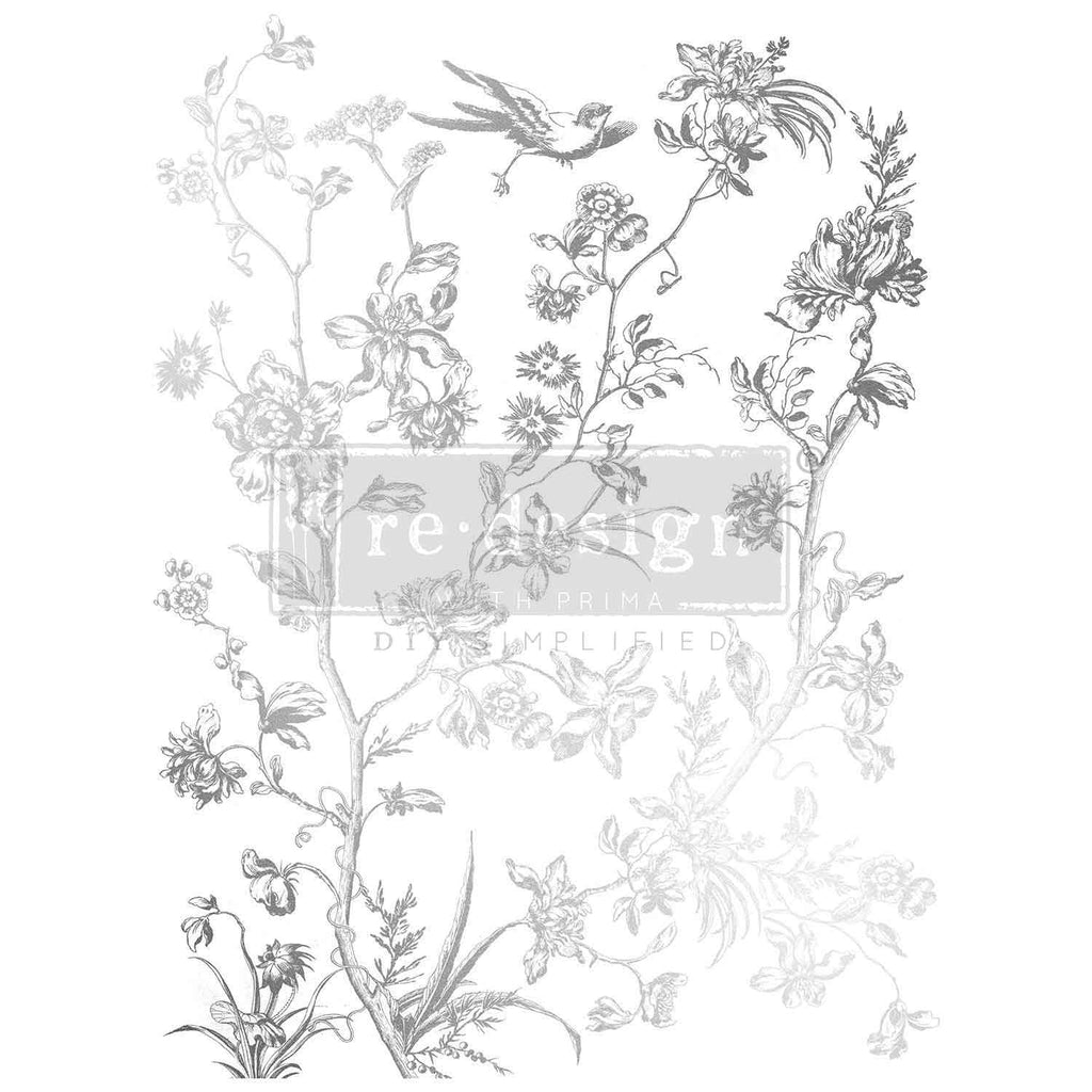 Silver Foil Kacha - Silver Bird 18"x24" ReDesign Prima Decor Transfer. Pattern with Bird on floral branches.