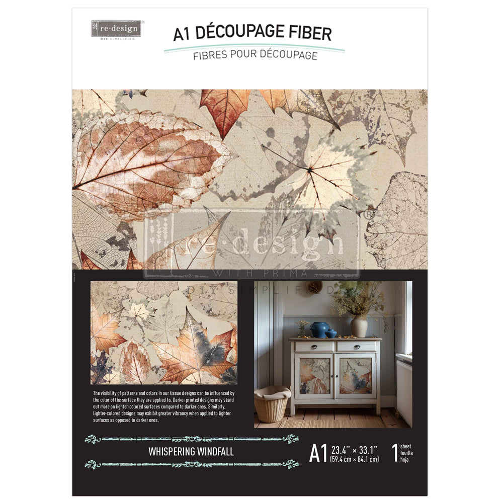 Fall leaves in beige and orange. A1 size fiber decoupage paper by Redesign with Prima. 