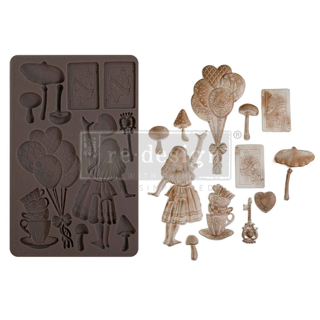 Redesign with Prima Whimsy Craft Chronicles mold with 12 figures; Alice balloons playing card key cup mushroom