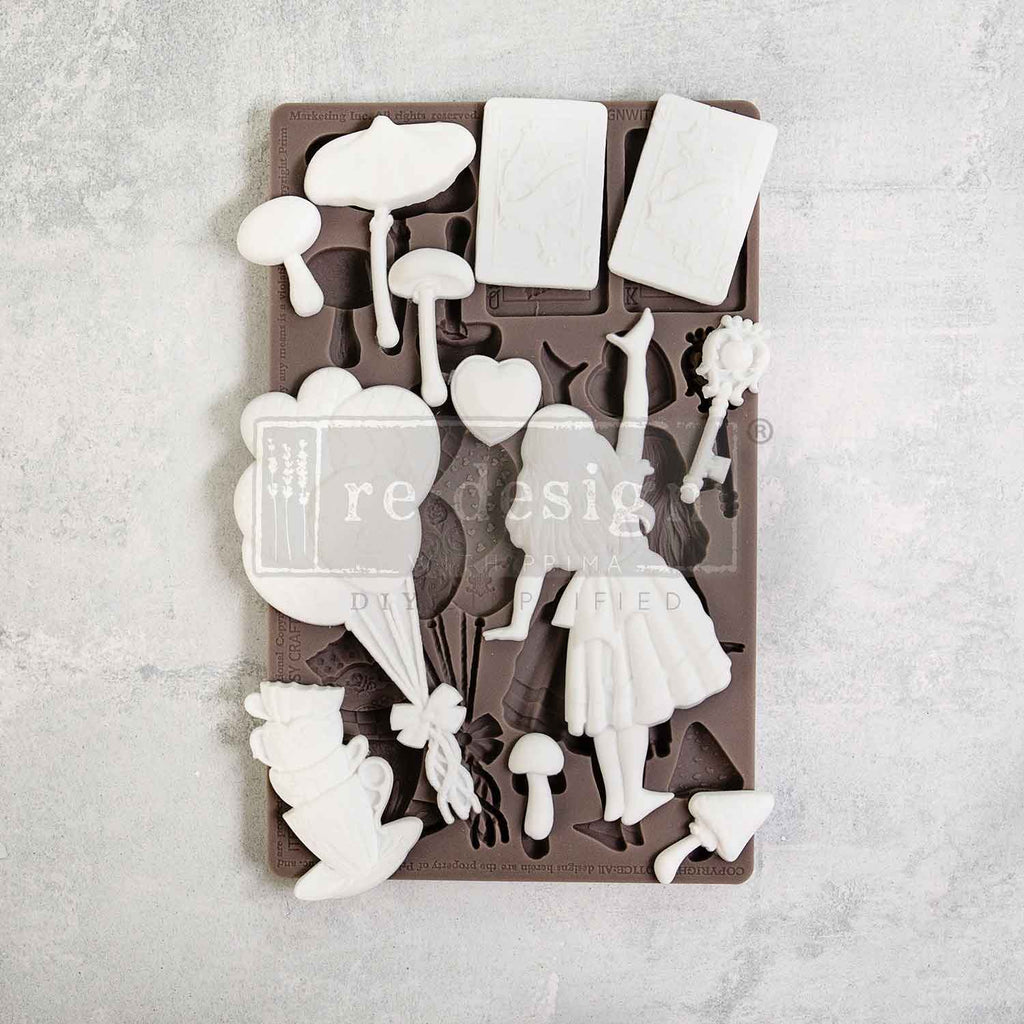 Redesign with Prima Whimsy Craft Chronicles mold with 12 figures; Alice balloons playing card key cup mushroom